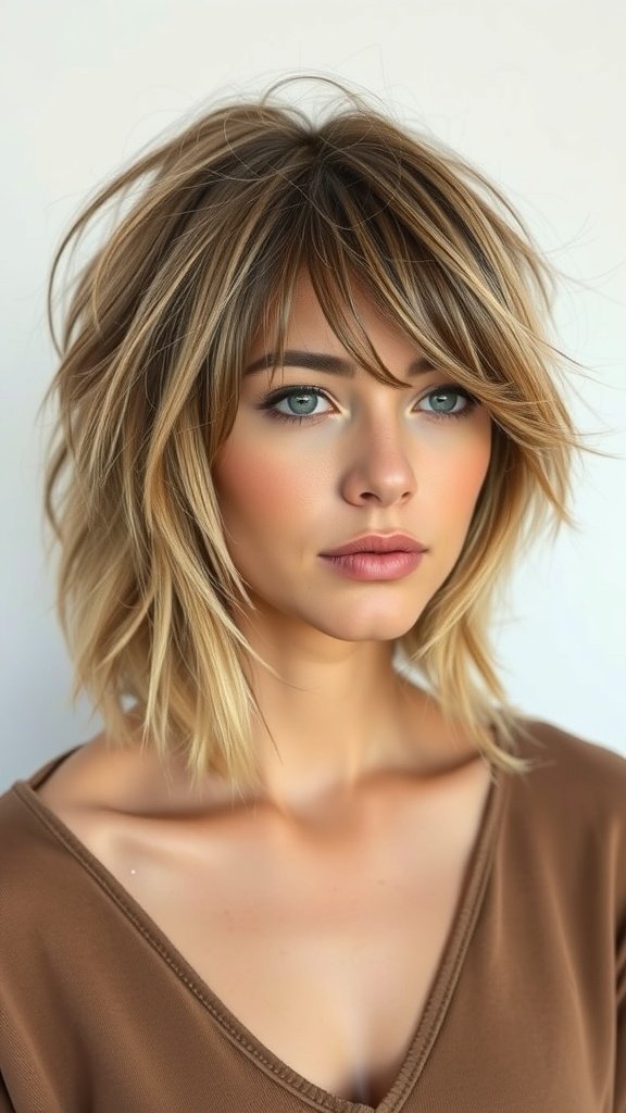 A woman with a tousled lob hairstyle featuring side-swept bangs, showcasing a stylish and voluminous look.