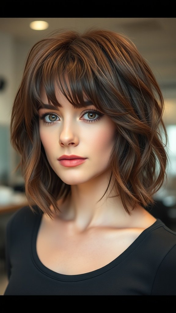 A woman with a tousled medium shag hairstyle and bangs, showcasing a soft and edgy look.
