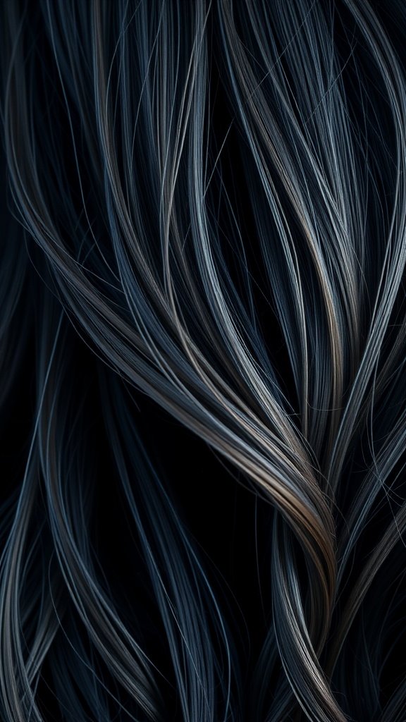 Close-up of dark hair with twilight gray dimensional highlights