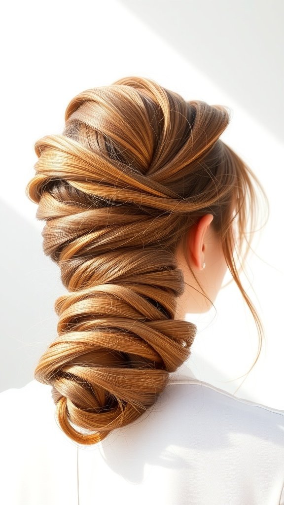 A beautiful twisted half updo hairstyle with wispy bangs, showcasing intricate twists and soft framing around the face.