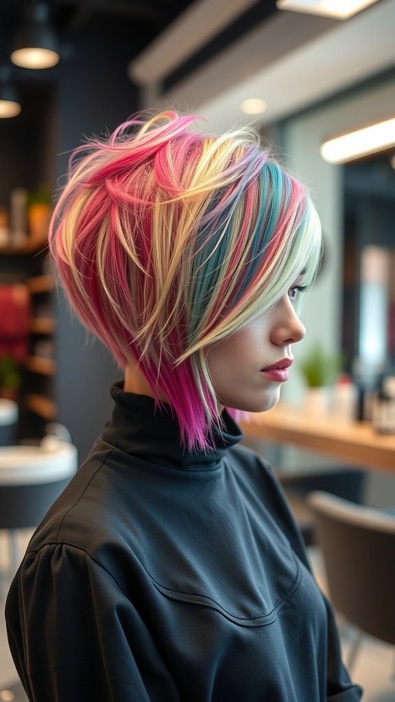 A woman with a two-tone shaggy pixie cut featuring a side-swept fringe, showcasing vibrant colors.