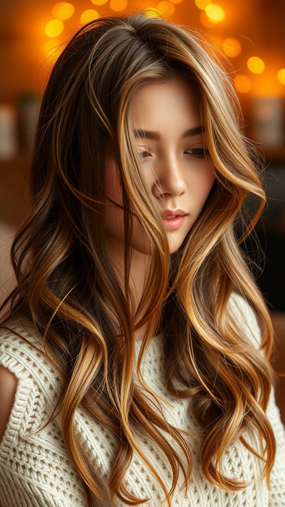 A woman with warm milky brown hair featuring golden streaks, styled in soft waves, wearing a cozy knitted sweater.