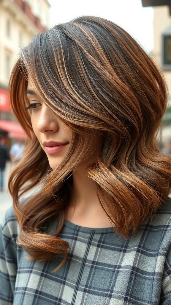 A woman with a wavy layered bob and side bangs, showcasing a stylish haircut.
