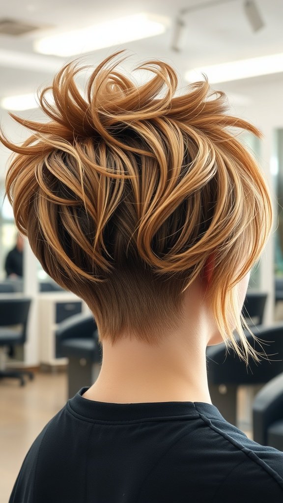 A wavy pixie hairstyle with a spiky top, showcasing textured layers and a playful look.