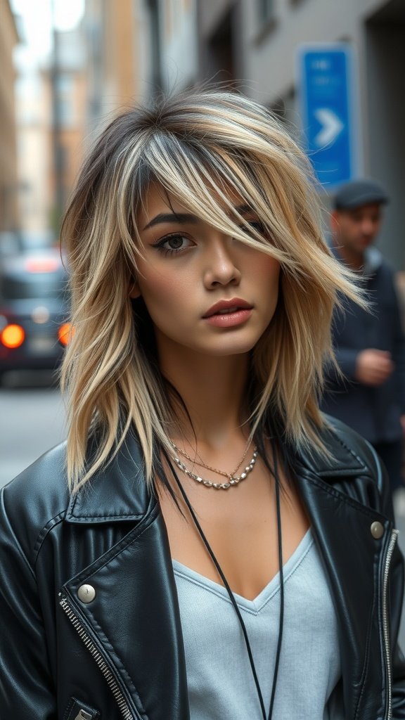 A young woman with blonde hair and dark roots, featuring wispy bangs, wearing a leather jacket.