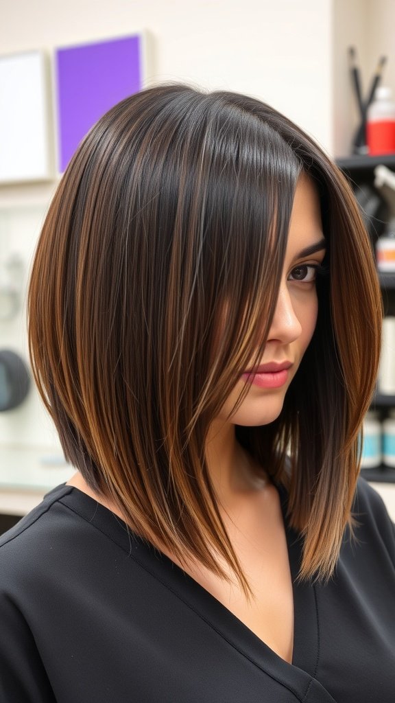 A-line bob hairstyle with smooth graduation, showcasing rich tones and sleek texture.