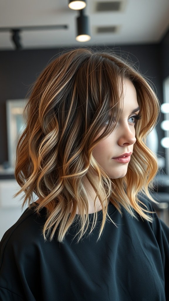 A woman with an angled cut featuring soft curls and side bangs, showcasing a stylish and modern hairstyle.