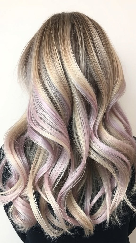 Ash blonde hair with delicate lilac highlights styled in soft waves