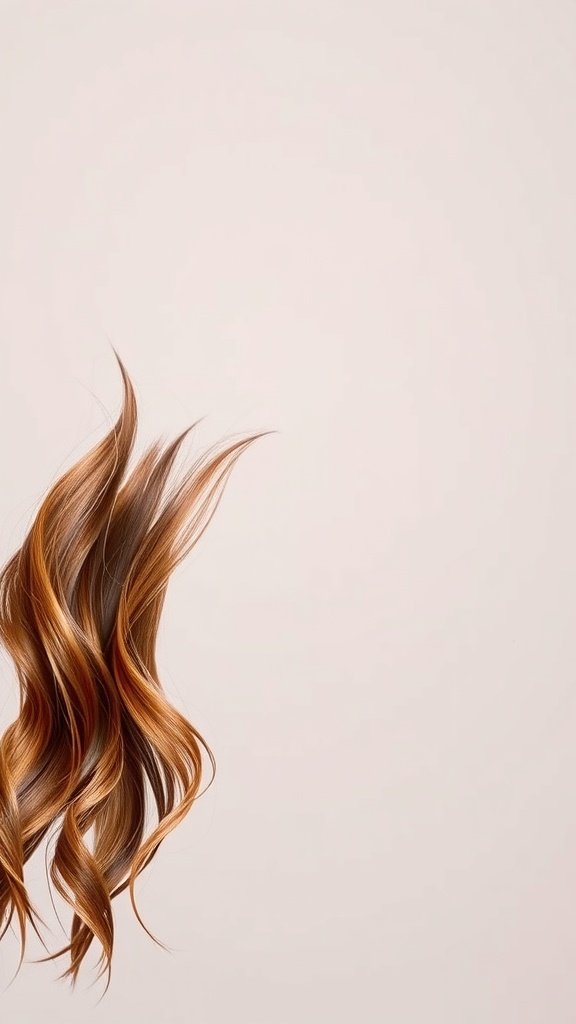 Wavy hair showcasing a copper balayage with a prism effect