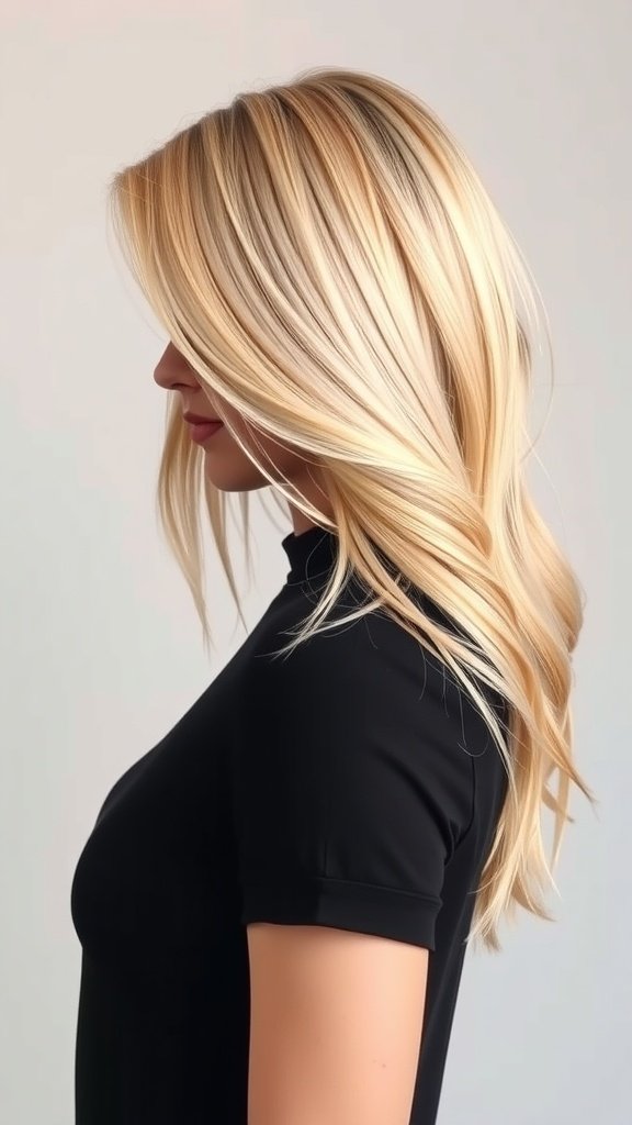 A profile view of a woman with blonde hair styled in a side sweep, featuring dark green lowlights.