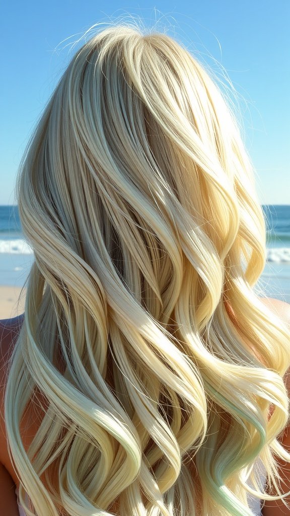 Blonde hair with seafoam green undertones styled in loose waves, set against a beach background.