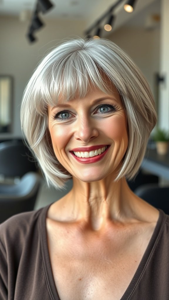 A woman with a stylish bob haircut featuring soft layers and a rounded fringe, smiling confidently.