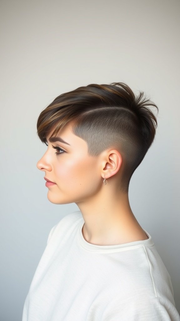 A woman with a bold undercut pixie hairstyle featuring top volume, showcasing a stylish and modern look.