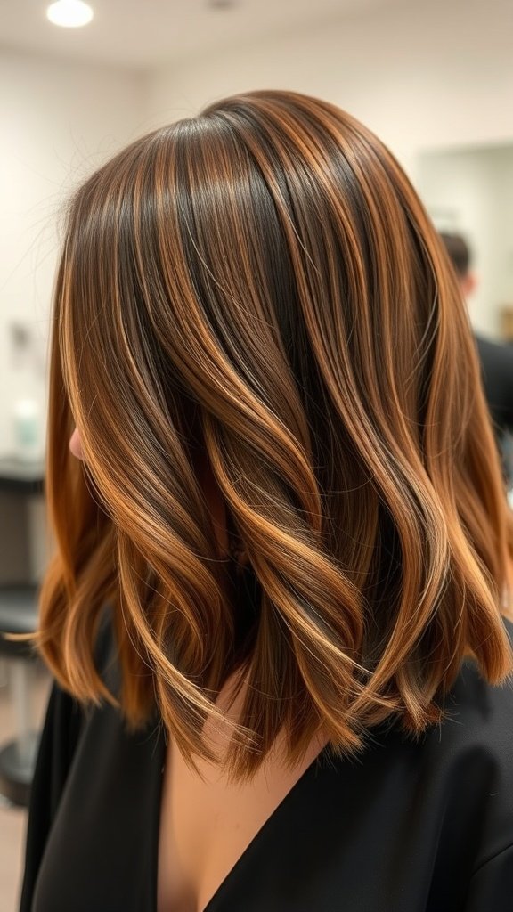 Brunette lob hairstyle with copper highlights, showcasing soft waves and a fresh look.