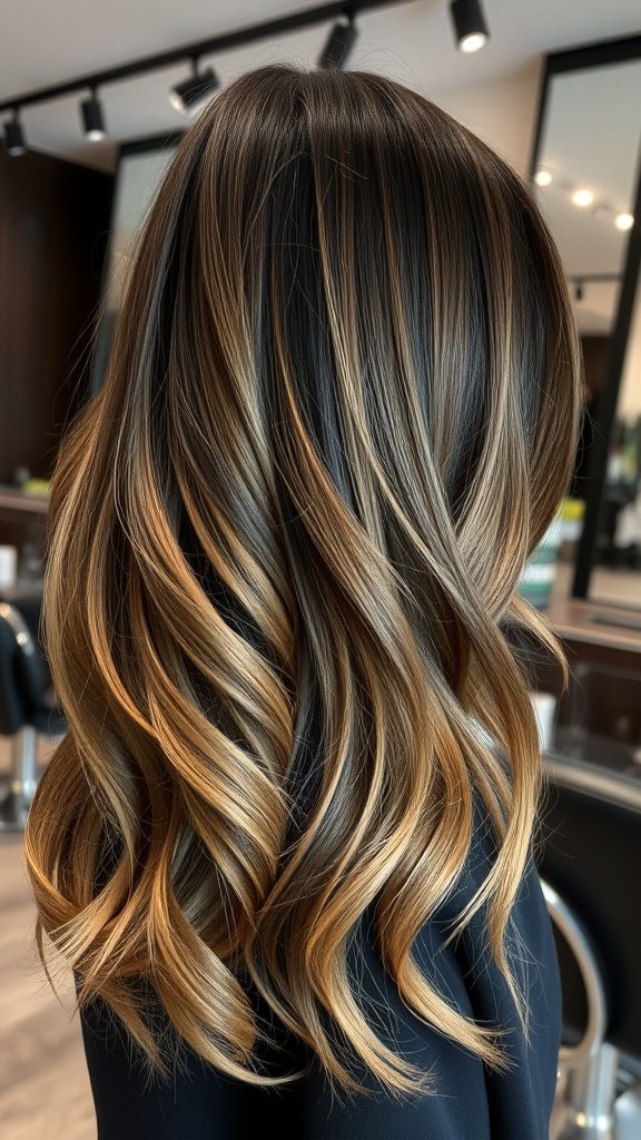 A hairstyle featuring cascading layers with dark roots, showcasing soft waves and a stylish look.