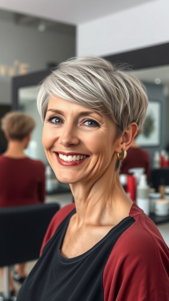 A woman with a choppy pixie haircut featuring long side bangs and a tapered nape, smiling in a salon setting.