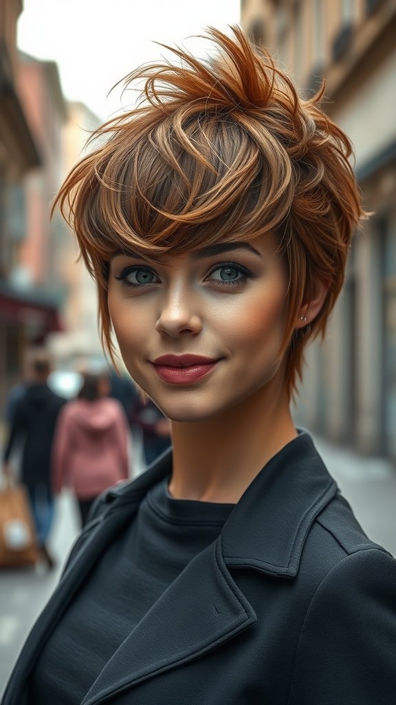 A stylish woman with a shaggy pixie cut in cinnamon tones, smiling in an urban setting.
