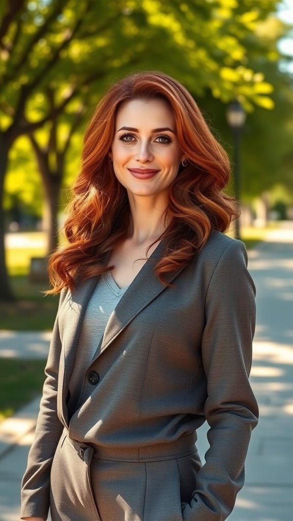 A woman with auburn hair styled in soft waves, wearing a gray suit, smiling in a park setting.