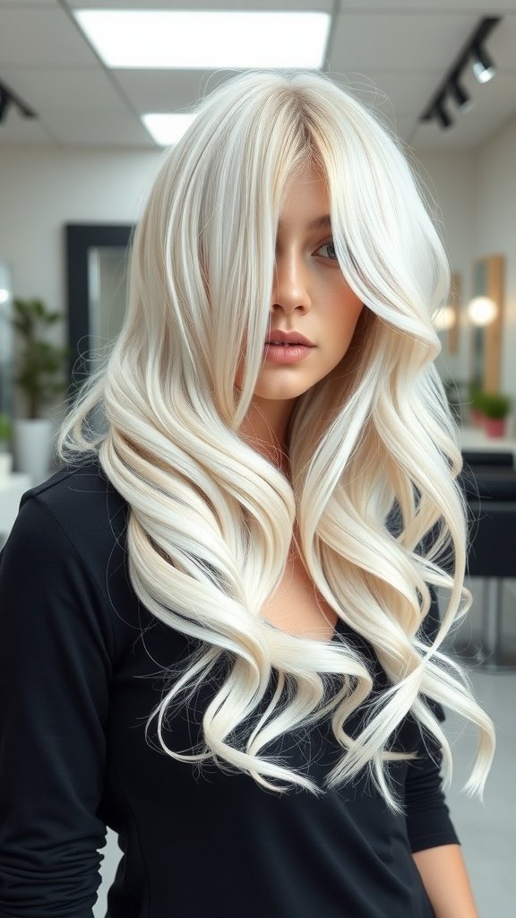 A woman with long, wavy Coconut White hair styled elegantly in a salon setting.