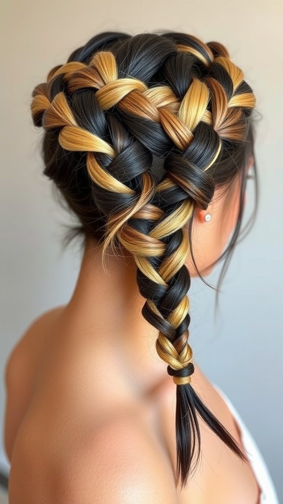 A woman with a crown braid featuring blonde hair and dark roots.
