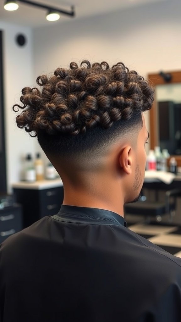 A stylish curly taper fade hairstyle showcasing defined curls on top and a faded side.