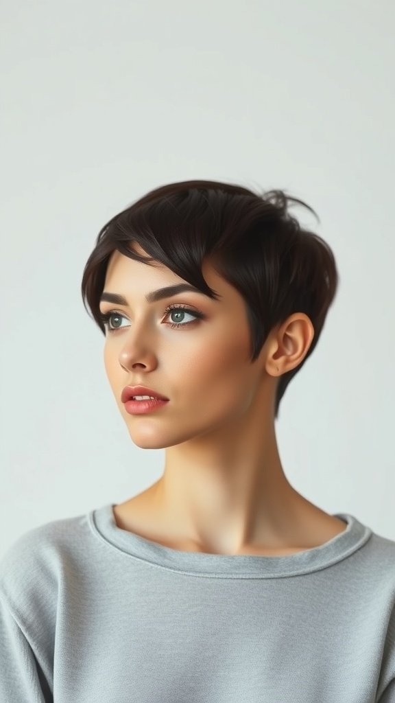 A model showcasing a dark brown side-parted pixie hairstyle, with a soft expression and minimal makeup.