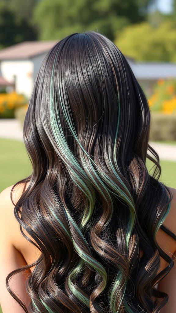 Dark brown hair with sea green highlights styled in soft waves