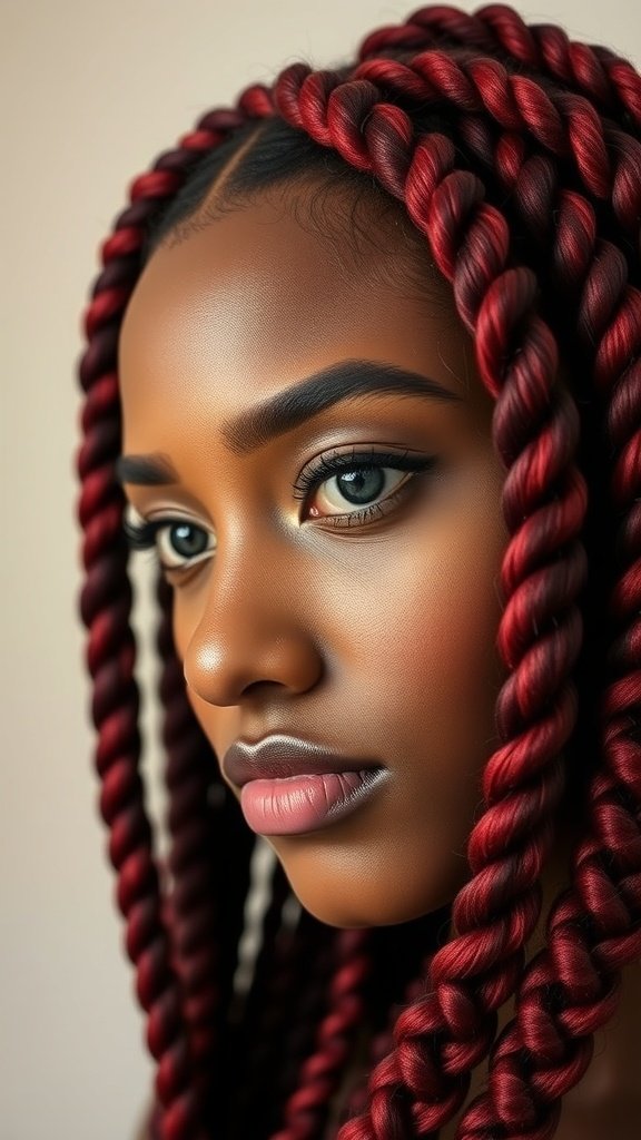 Close-up of a person with dark red velvet rope braids, showcasing a bold hair color and elegant style.