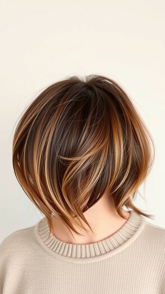 A deep brown bob hairstyle with caramel highlights, styled elegantly.