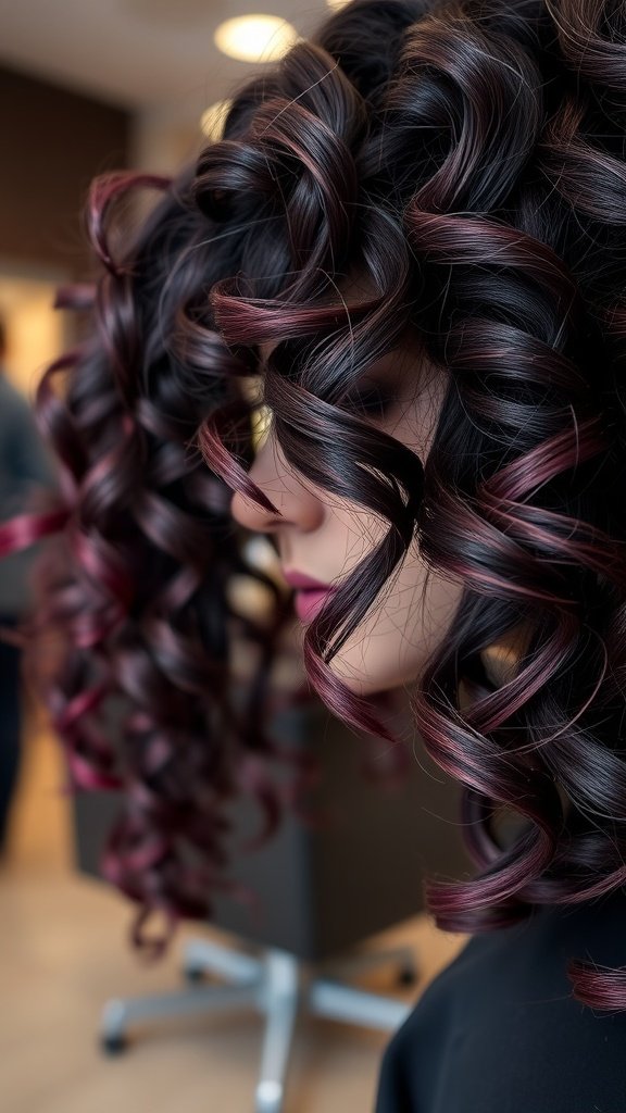 A close-up of dark curls with deep plum highlights, showcasing a vibrant hairstyle.