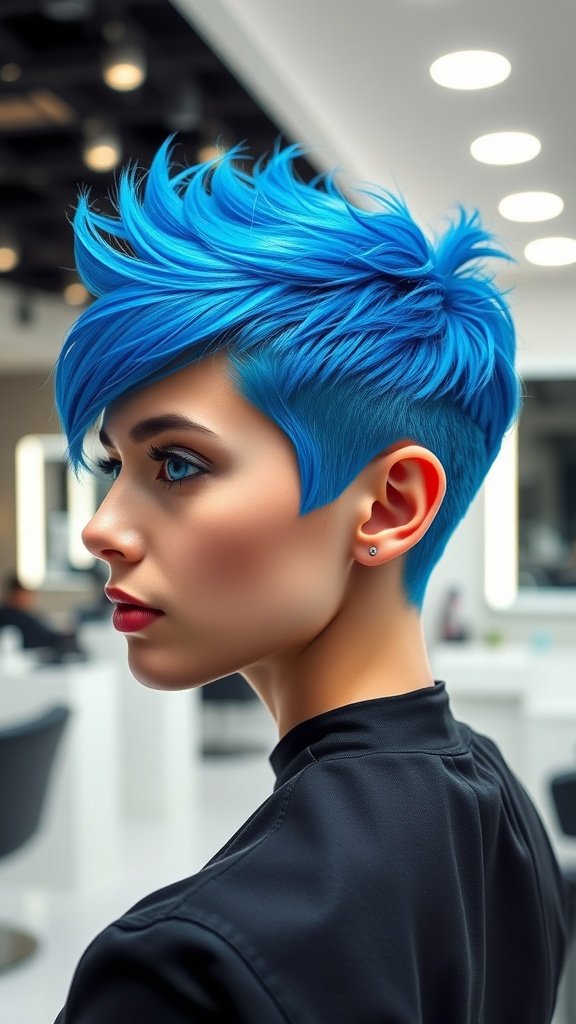 Electric blue pixie haircut with faux hawk style, showcasing vibrant color and edgy design.