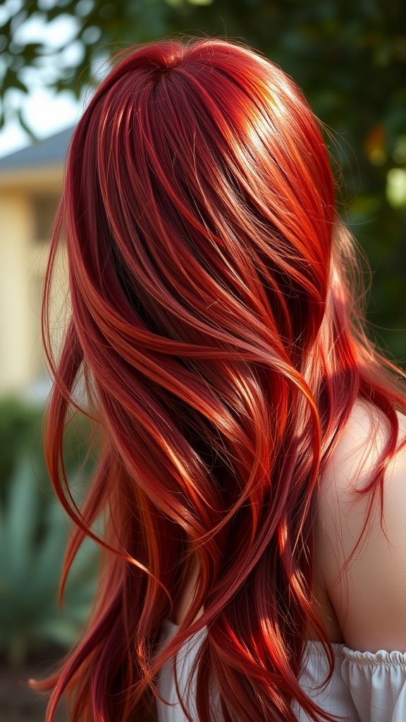 A close-up view of wavy hair in a glossy currant red color, reflecting sunlight.