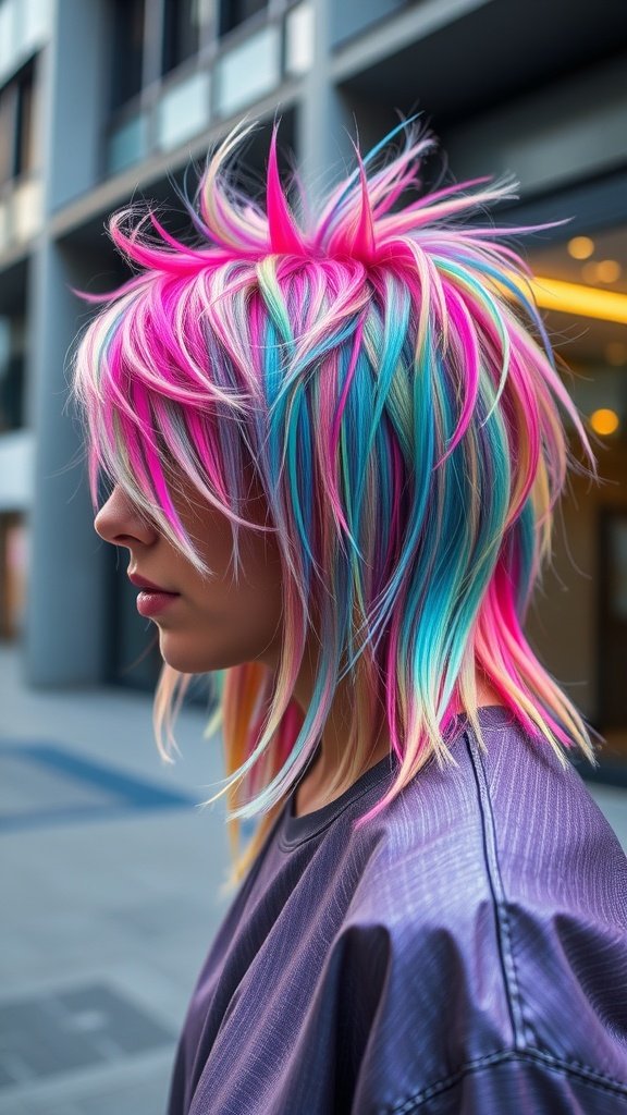 A person with a holographic shaggy mullet hairstyle featuring vibrant pink, blue, and yellow colors.