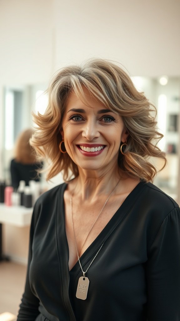 A woman with layered curls and bangs, showcasing a voluminous hairstyle.