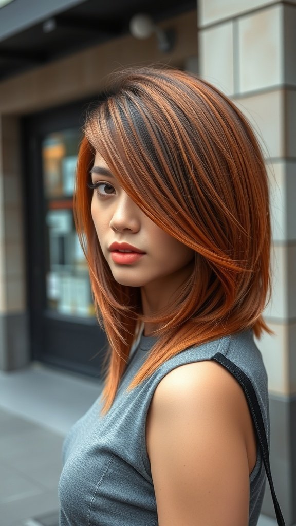 A woman with long shag haircut featuring smooth transitional layers and warm hair tones.