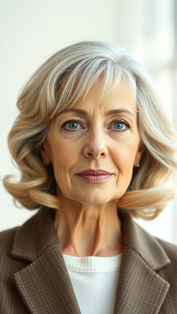 A woman over 70 with a medium-length bob hairstyle featuring soft curls, wearing a stylish outfit.