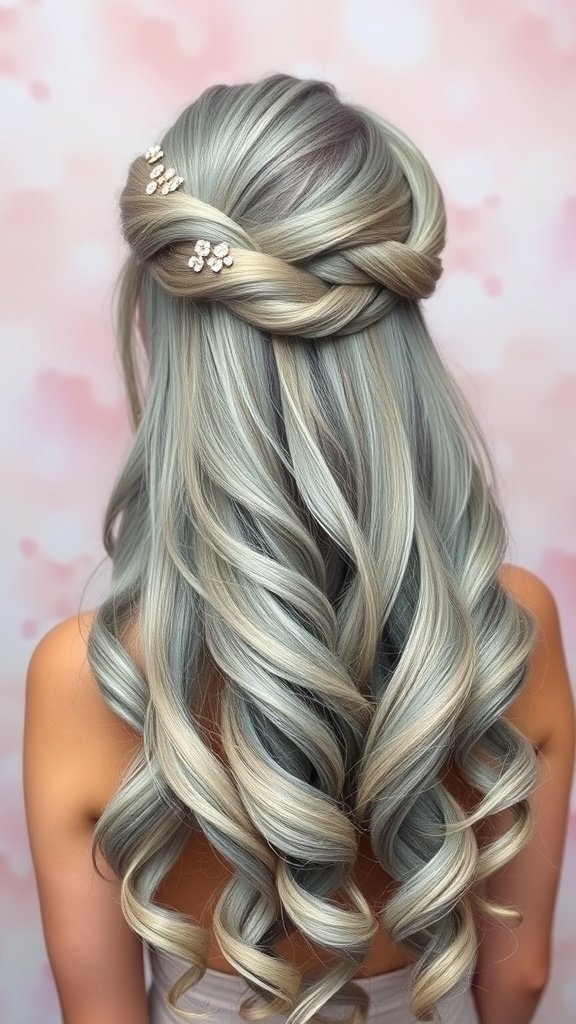 A woman with long hair styled in mermaid waves, featuring a twist at the crown and adorned with hair accessories.