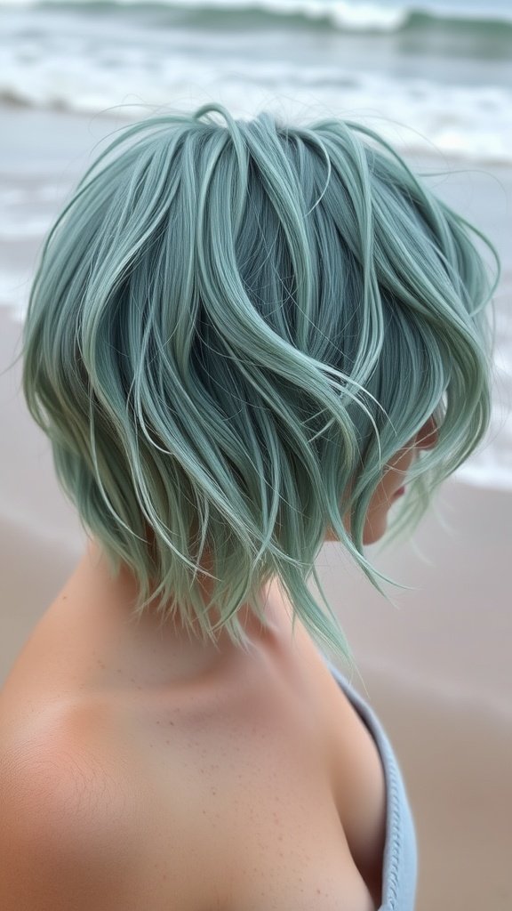 A woman with teal wavy shag hair standing by the ocean.