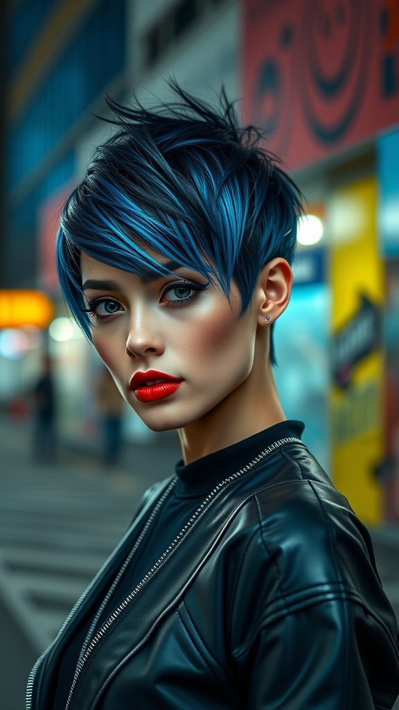 A model showcasing a pitch-black bixie haircut with electric blue streaks, wearing a black leather jacket and bold red lipstick.