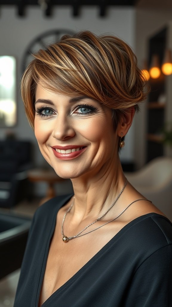 A woman with a pixie cut and long feathered bangs, smiling confidently.