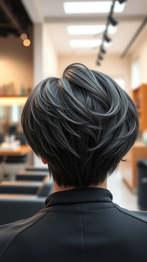 A stylish pixie haircut with angled bangs and a rounded back, showcasing thick hair texture.