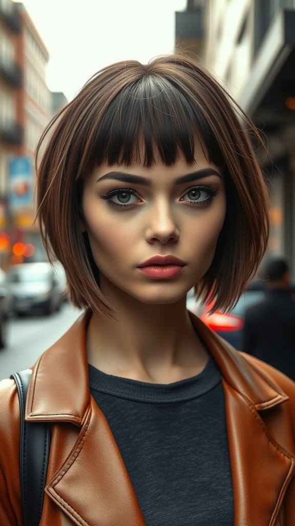 A woman with a razor-cut lob and micro bangs, showcasing a stylish and edgy hairstyle.
