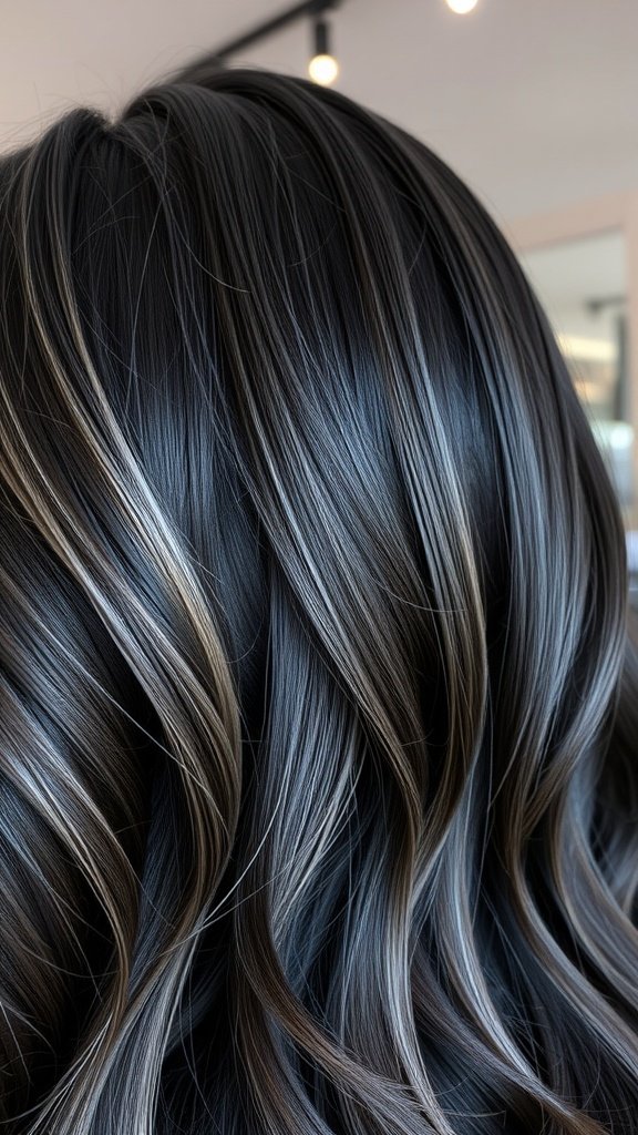 A close-up view of sable black hair with frosty gray edges styled in soft waves.