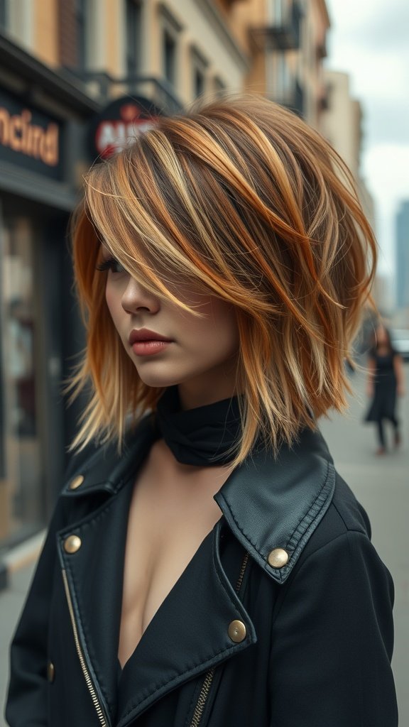 A stylish woman with a shag haircut featuring honey-dipped ends, wearing a black jacket, standing on a city street.