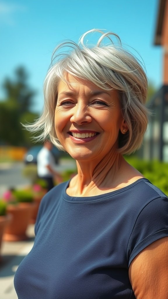 A smiling woman with short, sassy shag hairstyle and wispy layers, enjoying a sunny day.