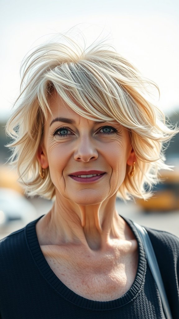 A woman with a short, wispy textured haircut, showcasing a light blonde color and a confident smile.