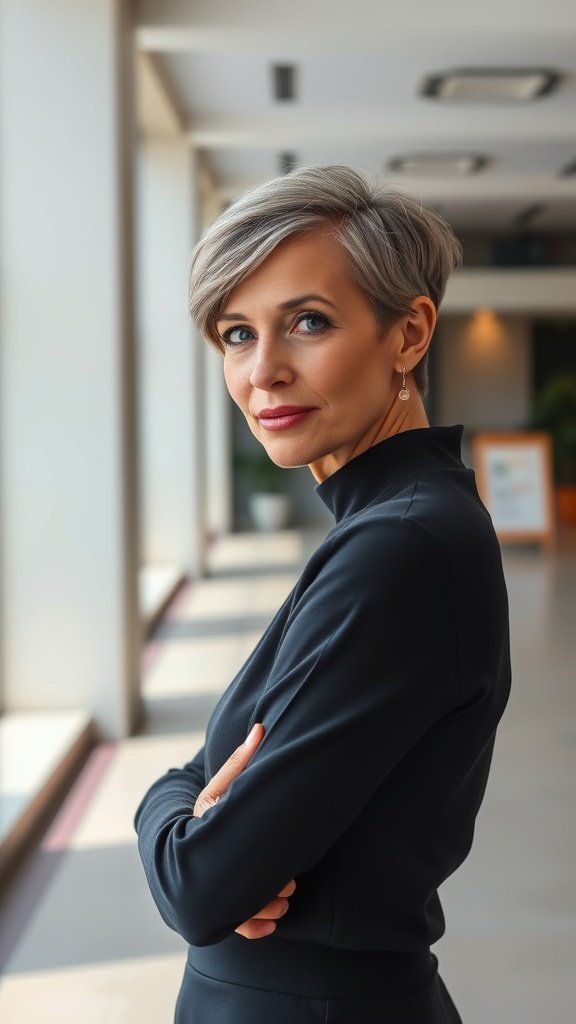 A woman with a sleek pixie hairstyle featuring tapered sides, looking confidently at the camera.