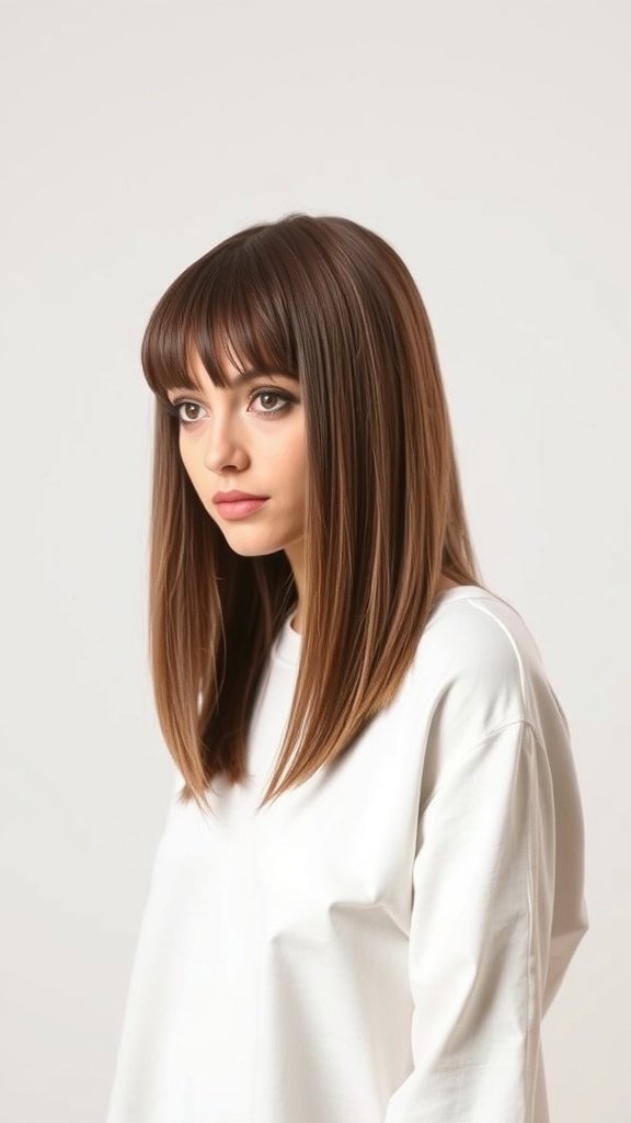 A woman with sleek shag hairstyle featuring long bangs, wearing a white top.