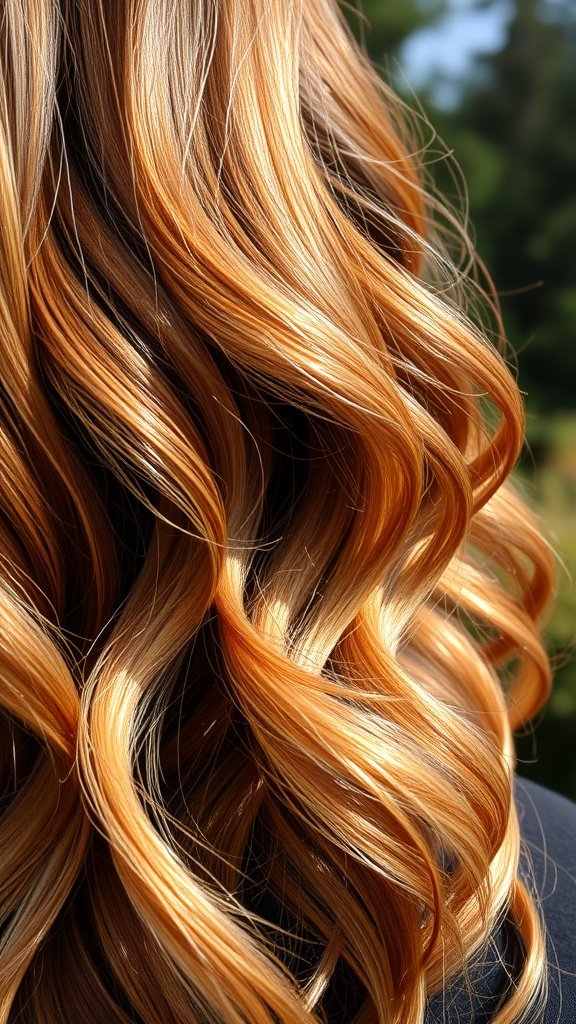 Close-up of light brown hair with smoldering copper layers, showcasing beautiful waves and highlights.