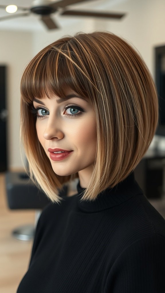 A woman with a smooth chin-length bob and rounded fringe, showcasing a stylish hairstyle.